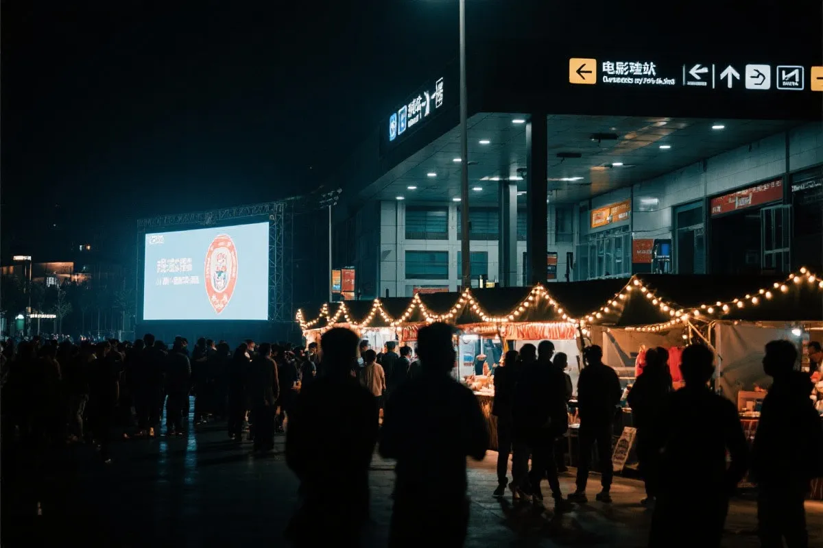 费城球迷广场夜景：大屏观赛人群、步行指示牌与公共交通入口
